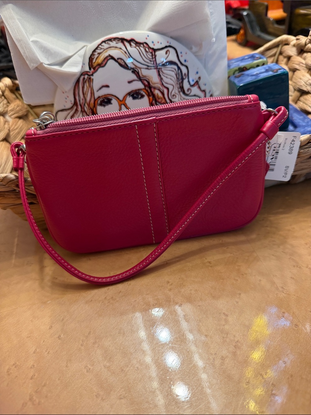 New Coach Leather Wristlet Wallet Pink Pebbled Leather Small Silver Strap Mini